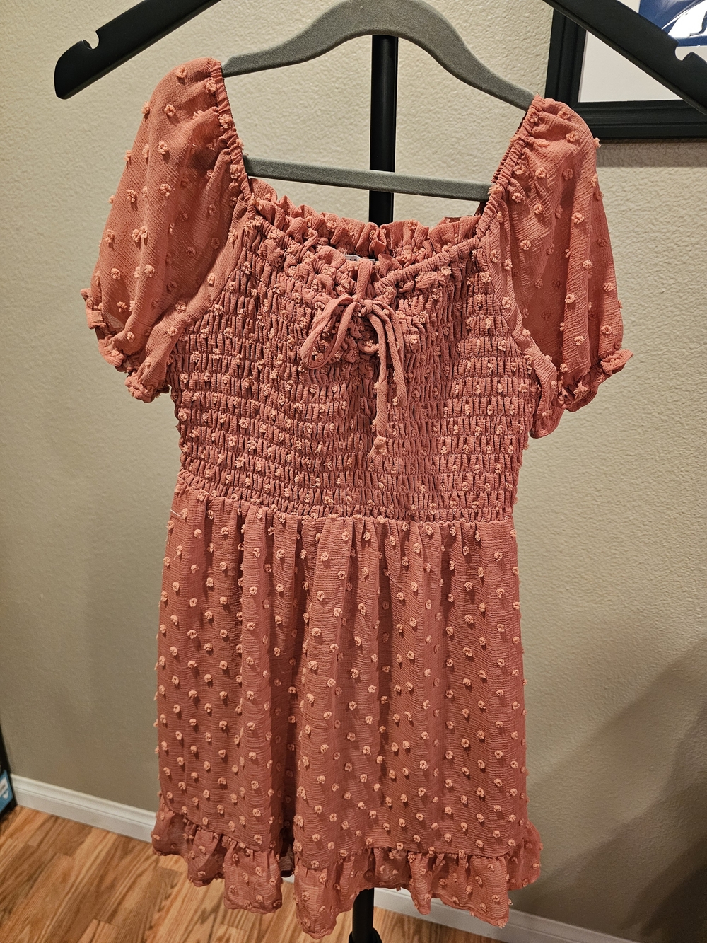 Girl's Textured Swiss Dot Smocked Mini Dress - Coral Pink